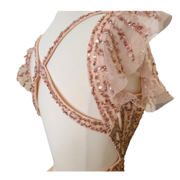 Mac Duggal 5682 14 Apricot Peach Pink Sequin Beaded Embellished Long Gown Dress - Picture 10 of 13